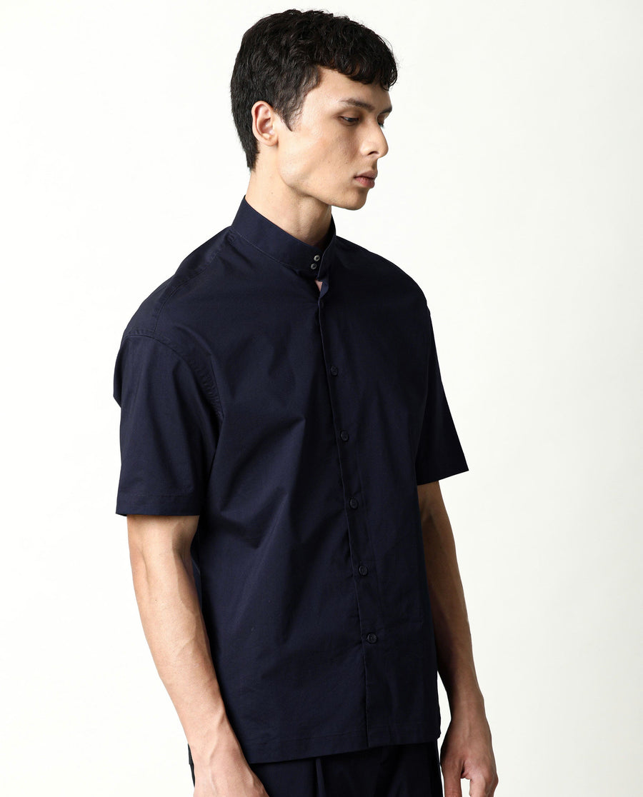Rare Rabbit Men's Shiro Navy Cotton Plain Regular Fit Half Sleeve Mandarin Collar Shirt