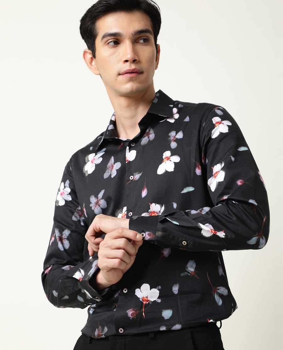 Rare Rabbit Men's Cuplet Black Cotton Floral Print Regular Fit Full Sleeve Collared Shirt