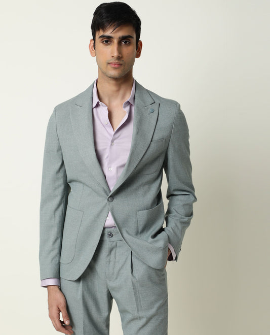 Rare Rabbit Men's Dexit Green Polyester Plain Tailored Fit Full Sleeve Lapel Neck Blazer