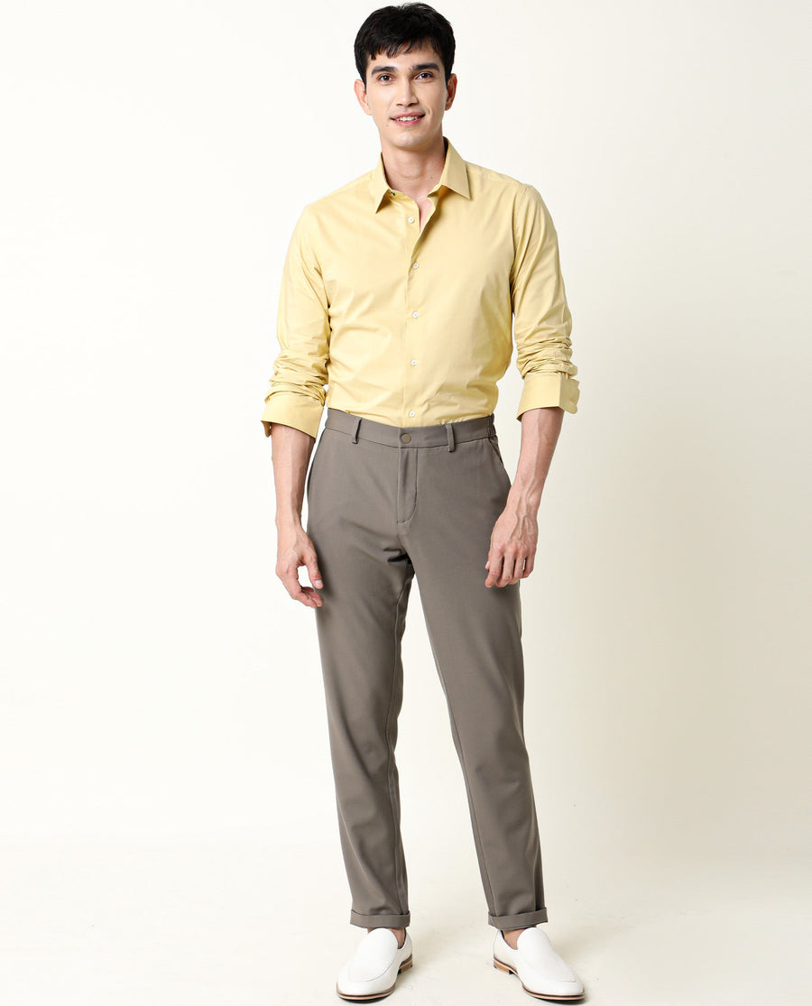 Rare Rabbit Men's Neutro Ls Mustard Cotton Plain Tailored Fit Full Sleeve Collared Shirt