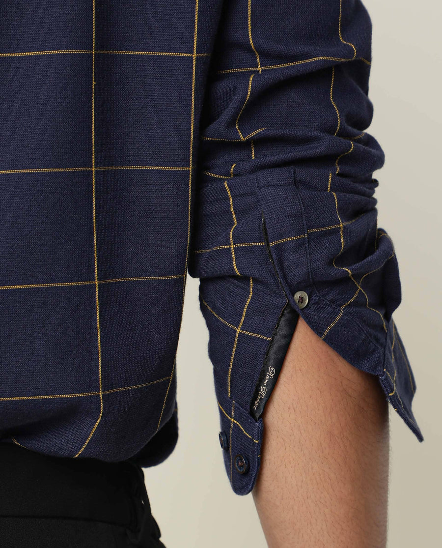 Rare Rabbit Men's Corneto Navy Cotton Checked Print Regular Fit Full Sleeve Collared Shirt