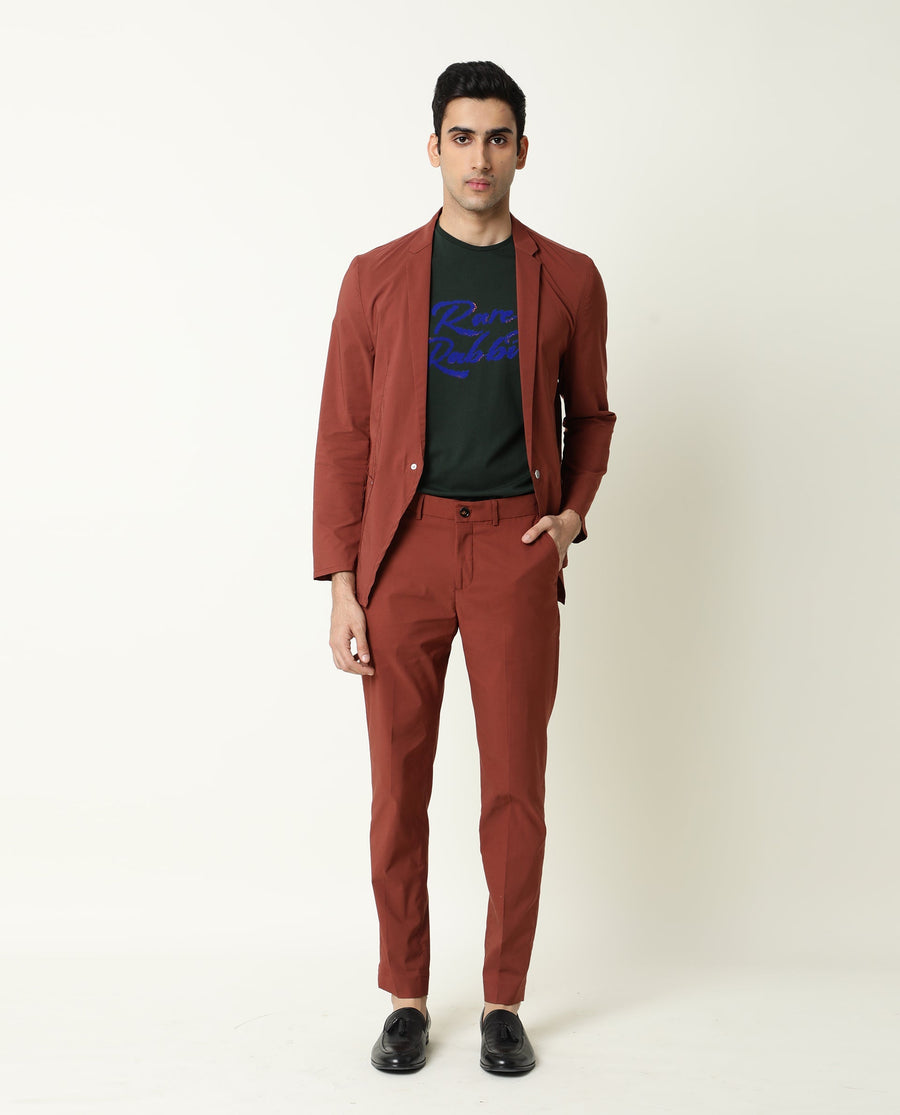 Rare Rabbit Men's Glak Rust Viscose Plain Slim Fit Trouser