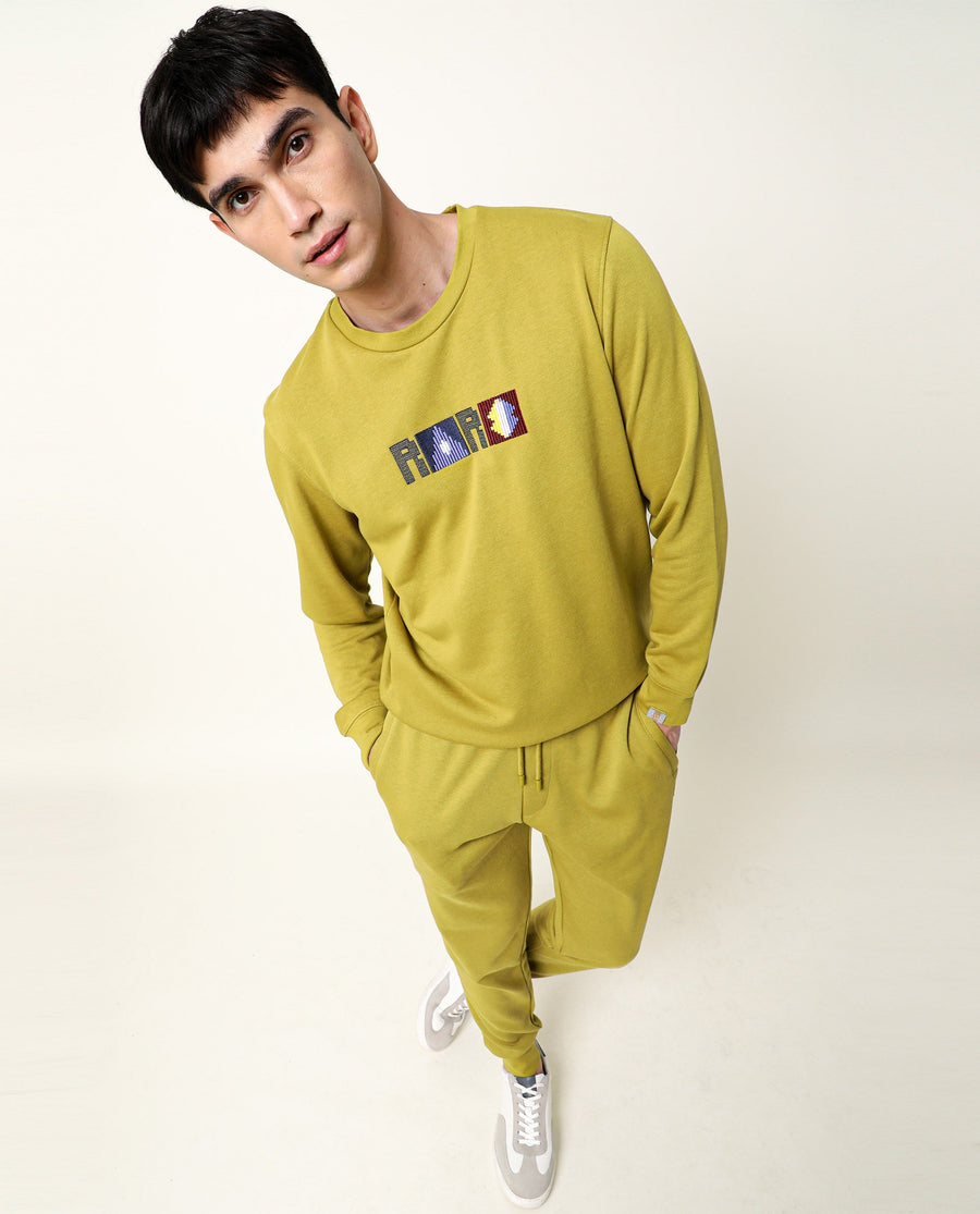 Rare Rabbit Men's Martis Olive Cotton Embroidered Regular Fit Full Sleeve Crew Neck Sweatshirt