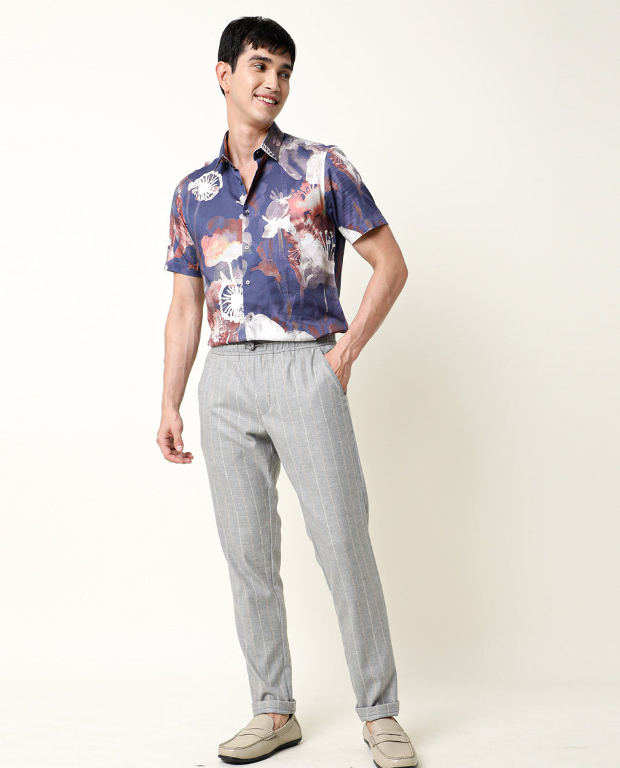 Rare Rabbit Men's Eighty Blue Cotton Floral Print Regular Fit Half Sleeve Collared Shirt