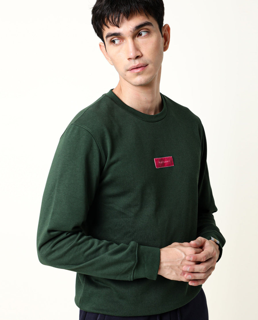 Rare Rabbit Men's Velveto Green Cotton Plain Regular Fit Full Sleeve Crew Neck Sweatshirt