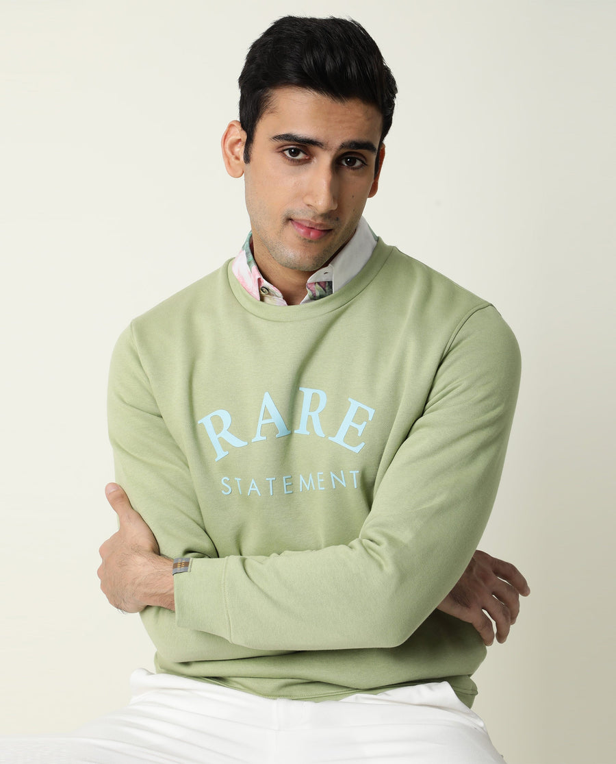 Rare Rabbit Men's Raven Green Cotton Graphic Print Relaxed Fit Full Sleeve Crew Neck Sweatshirt