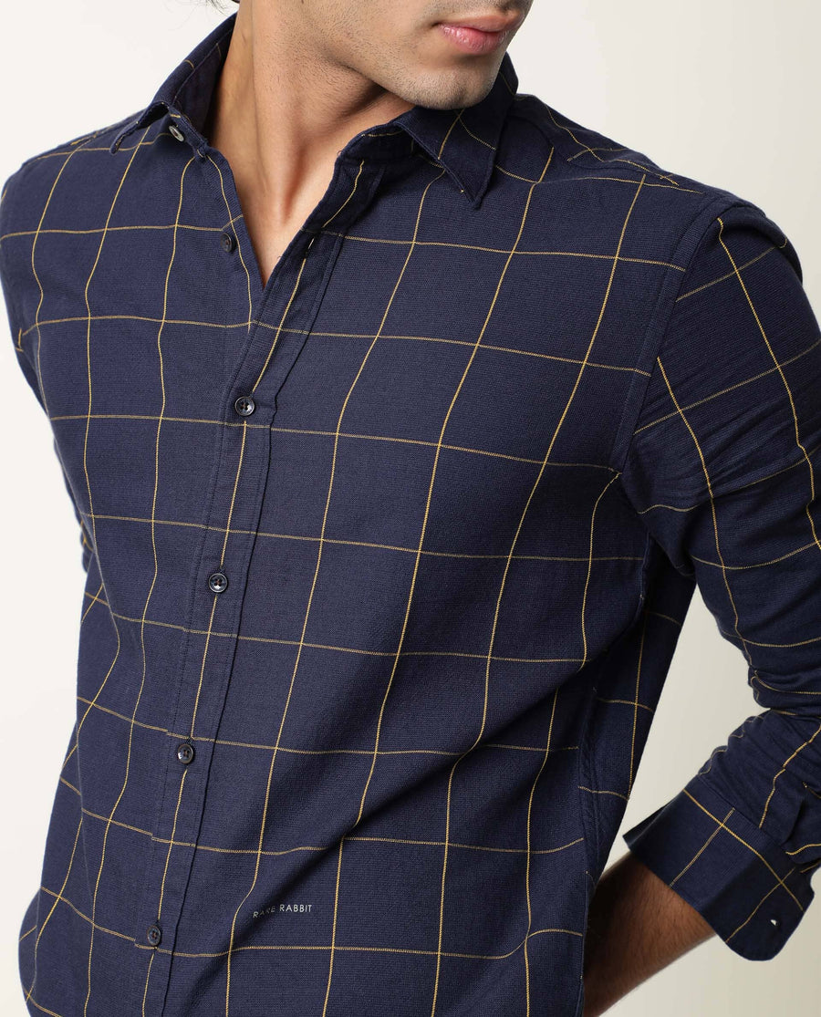 Rare Rabbit Men's Corneto Navy Cotton Checked Print Regular Fit Full Sleeve Collared Shirt