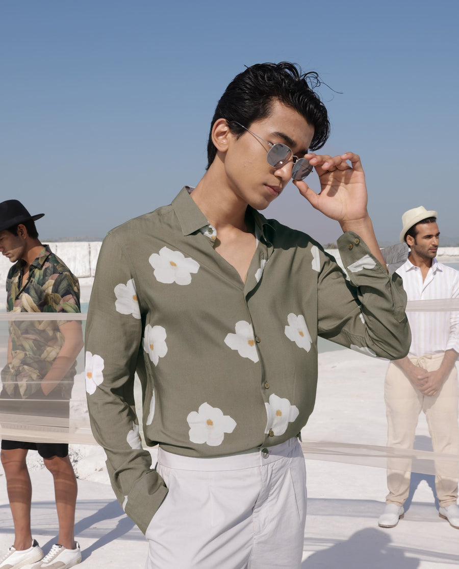 Rare Rabbit Men's Norton Olive Cotton Floral Print Regular Fit Full Sleeve Collared Shirt