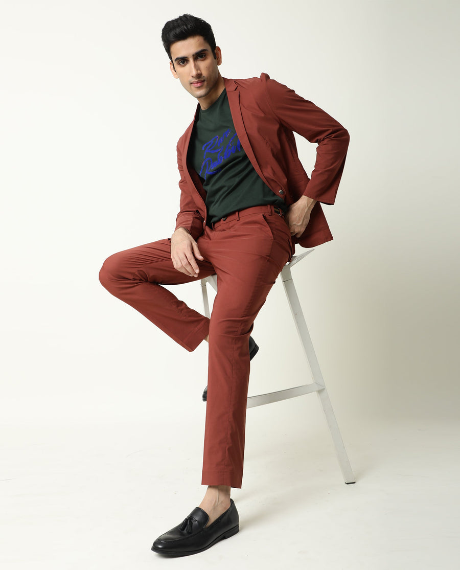 Rare Rabbit Men's Glak Rust Viscose Plain Slim Fit Trouser