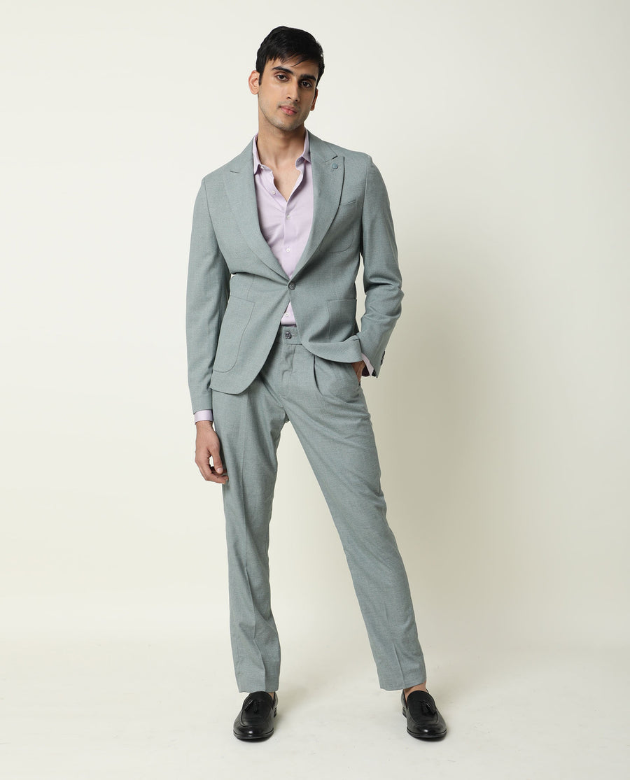 Rare Rabbit Men's Dexit Green Polyester Plain Tailored Fit Full Sleeve Lapel Neck Blazer
