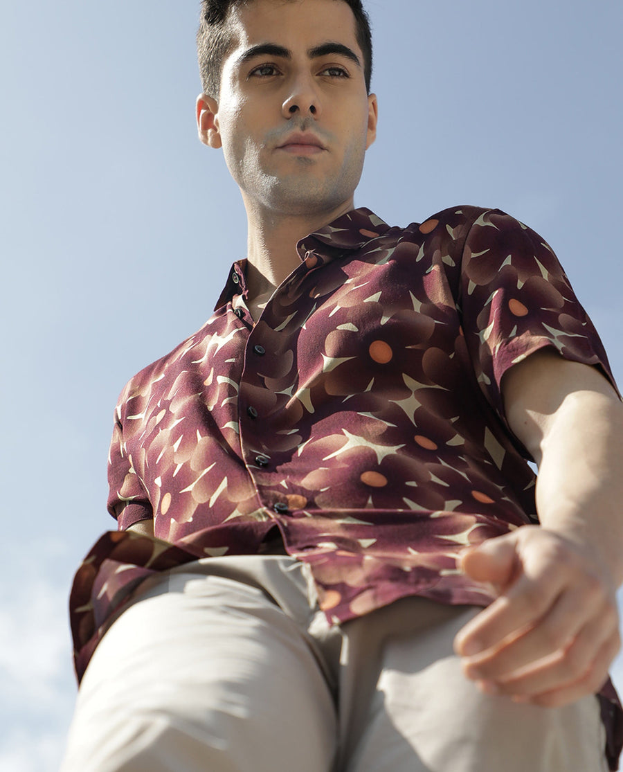 Rare Rabbit Men's Parles Brown Viscose Floral Print Regular Fit Half Sleeve Collared Shirt
