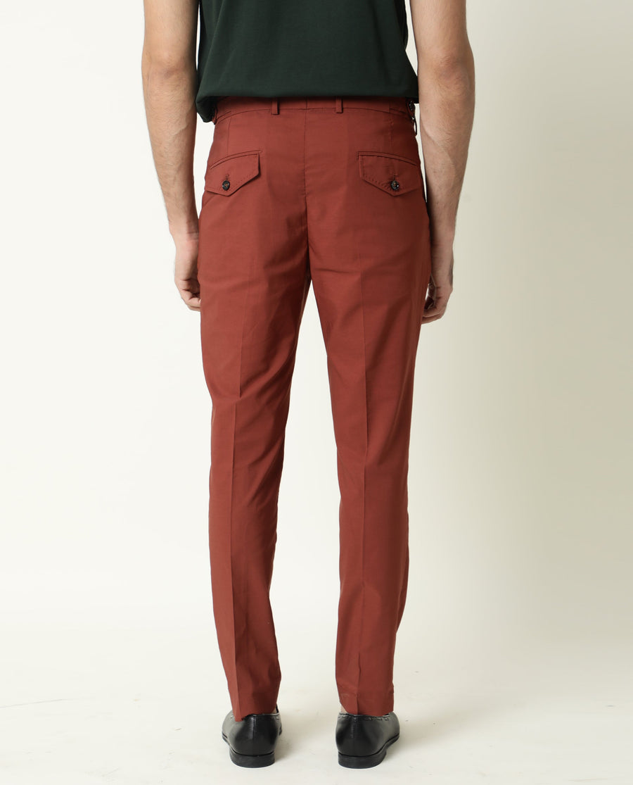 Rare Rabbit Men's Glak Rust Viscose Plain Slim Fit Trouser