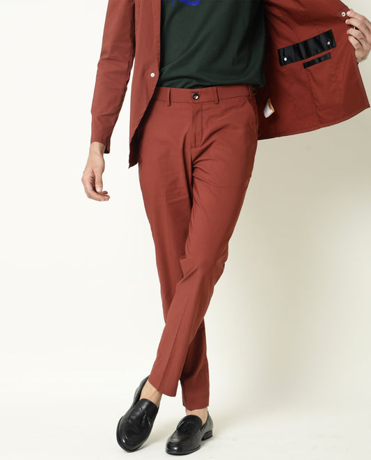 Rare Rabbit Men's Glak Rust Viscose Plain Slim Fit Trouser