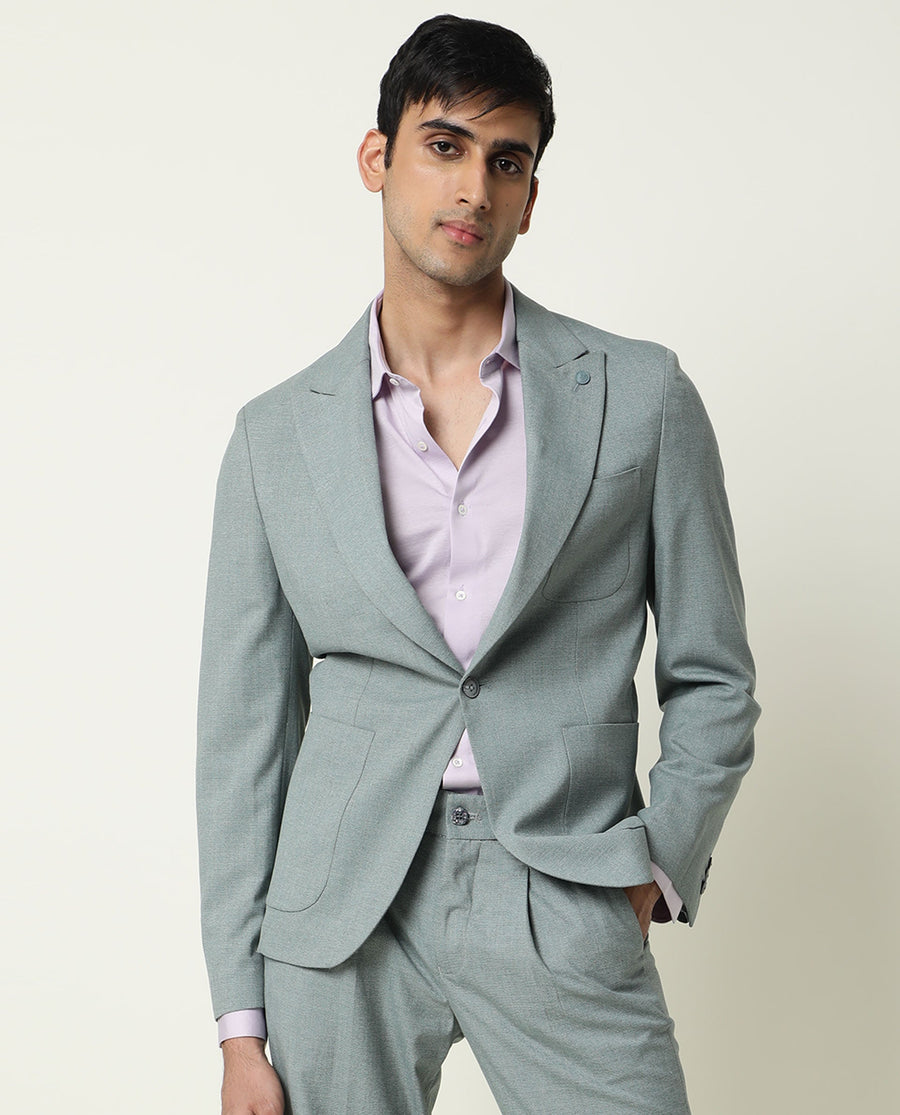 Rare Rabbit Men's Dexit Green Polyester Plain Tailored Fit Full Sleeve Lapel Neck Blazer