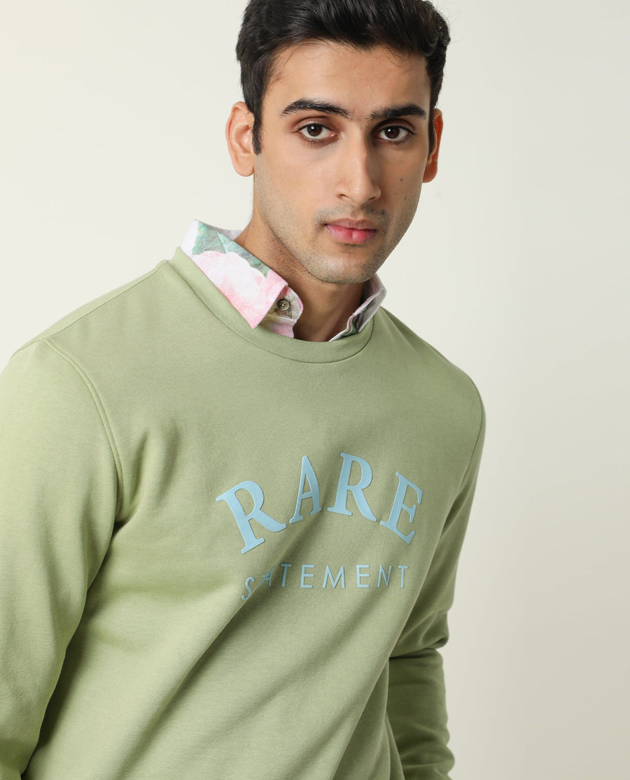 Rare Rabbit Men's Raven Green Cotton Graphic Print Relaxed Fit Full Sleeve Crew Neck Sweatshirt