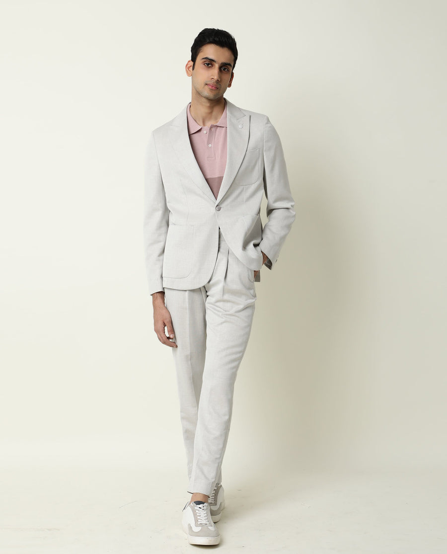 Rare Rabbit Men's Dexit Beige Polyester Plain Tailored Fit Full Sleeve Lapel Neck Blazer