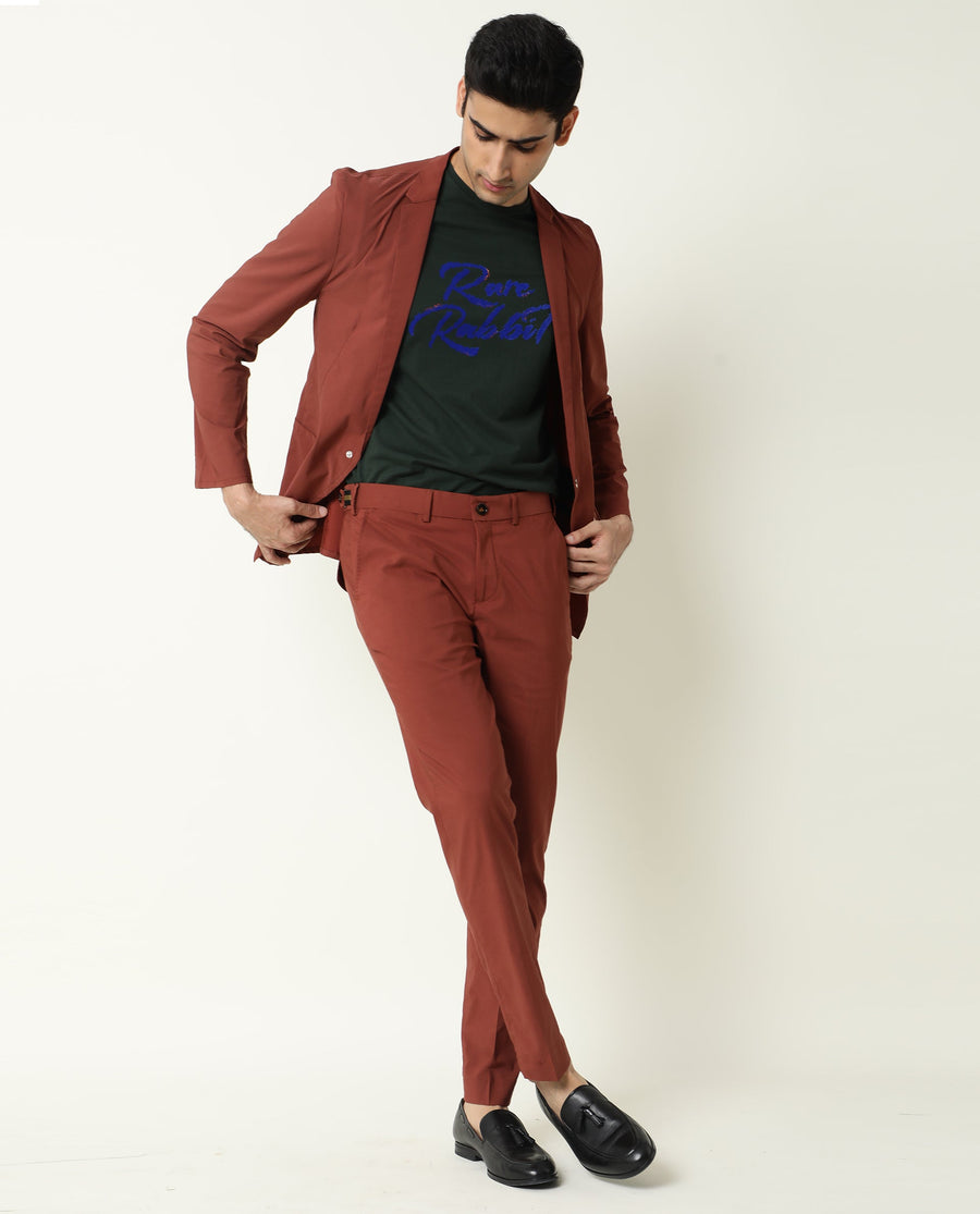 Rare Rabbit Men's Glak Rust Viscose Plain Slim Fit Trouser