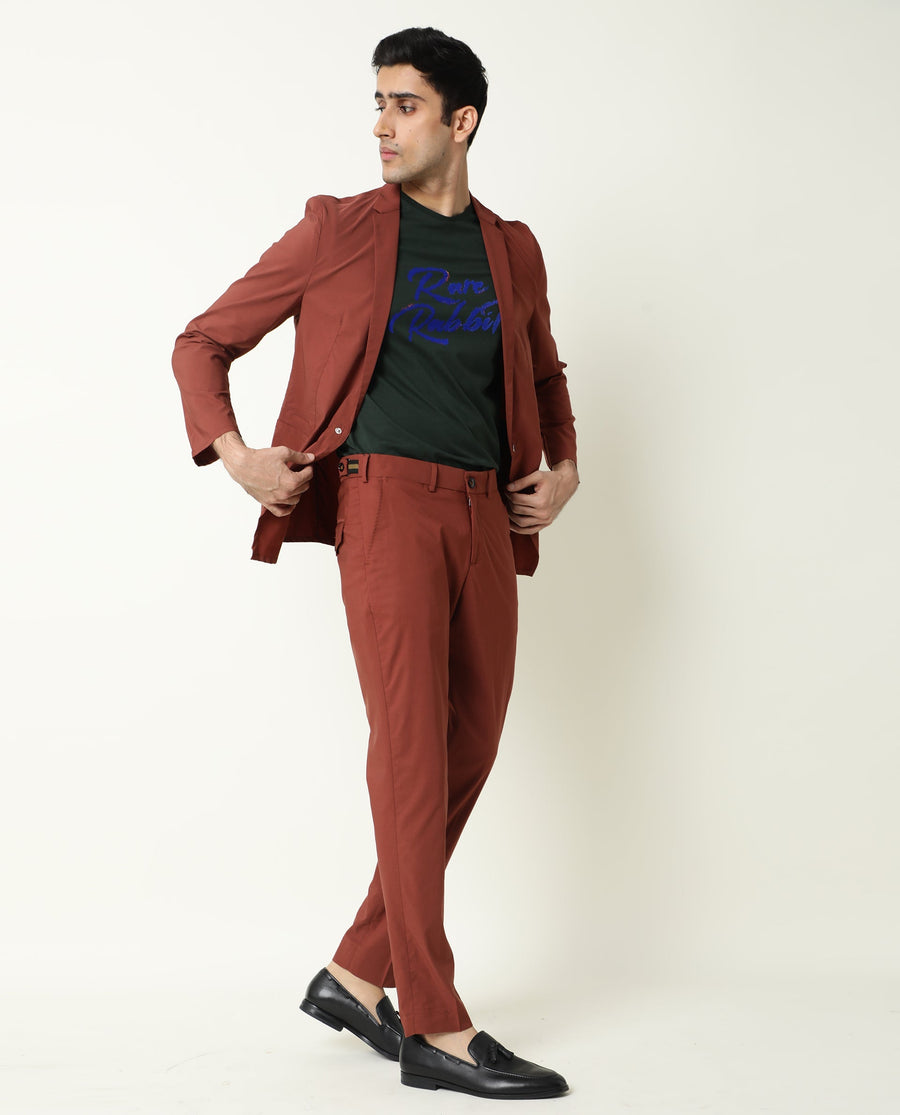 Rare Rabbit Men's Glak Rust Viscose Plain Slim Fit Trouser