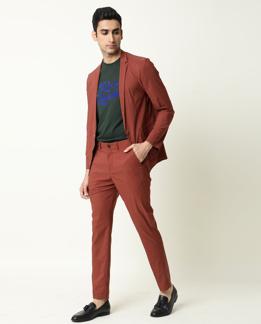 Rare Rabbit Men's Glak Rust Viscose Plain Slim Fit Trouser