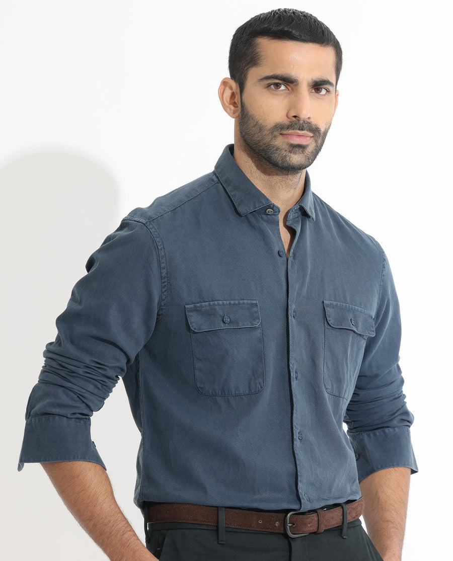 Rare Rabbit Men's Lipton Dusky Navy Cotton Plain Regular Fit Full Sleeve Collared Shirt