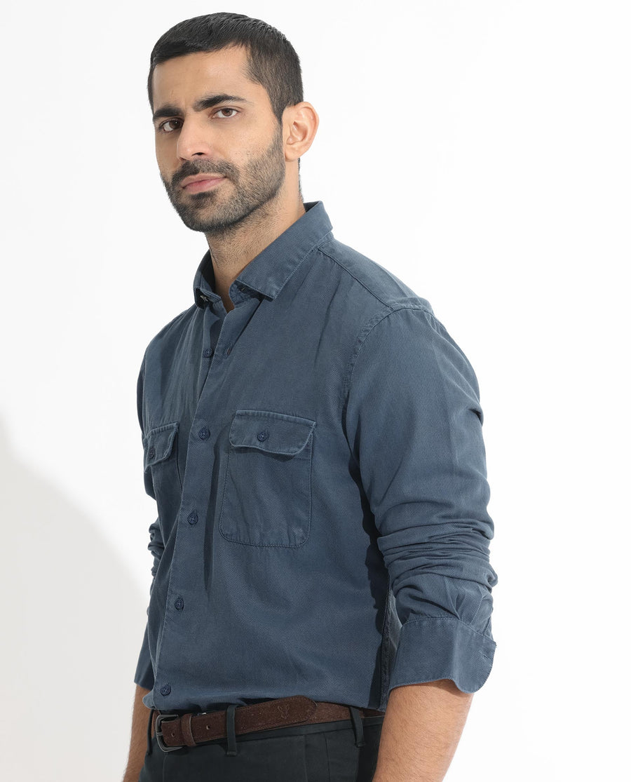 Rare Rabbit Men's Lipton Dusky Navy Cotton Plain Regular Fit Full Sleeve Collared Shirt