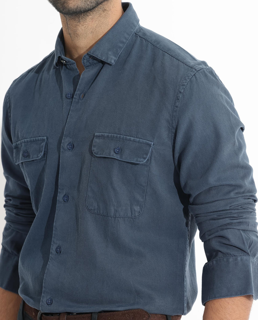 Rare Rabbit Men's Lipton Dusky Navy Cotton Plain Regular Fit Full Sleeve Collared Shirt