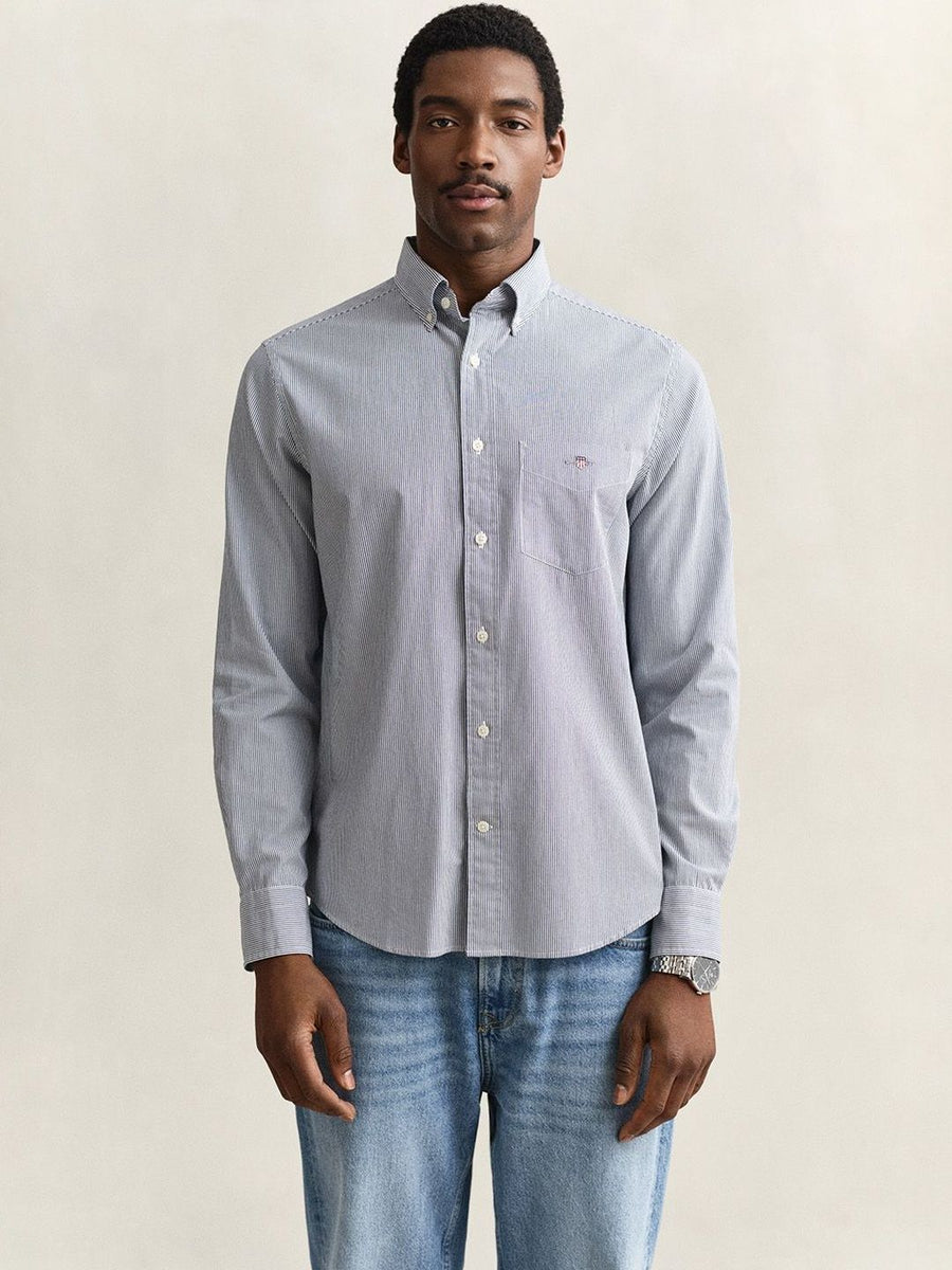 Gant Men Blue Striped Regular Fit Classic Poplin Shirt