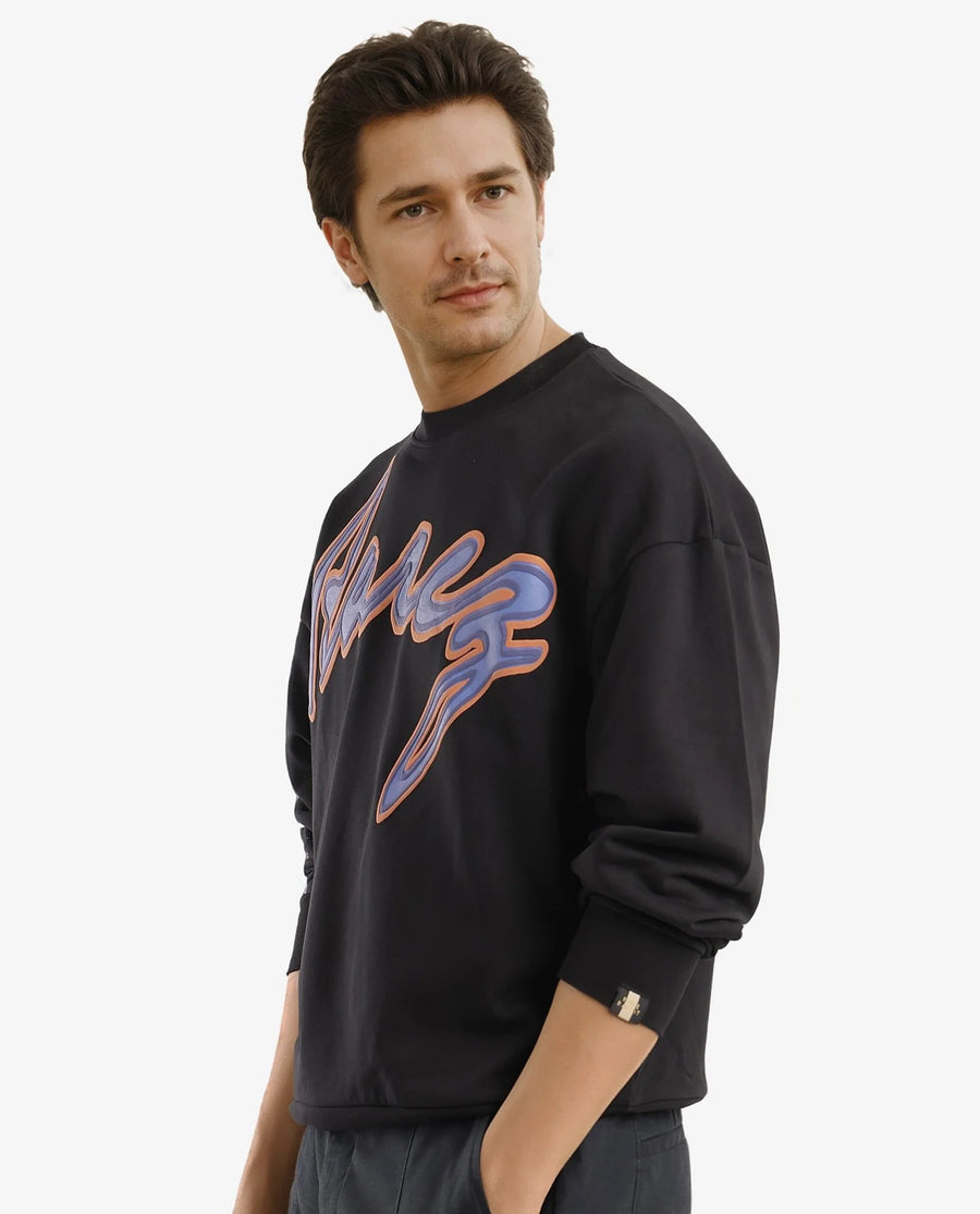 Rare Rabbit Men's Mabel Black Cotton Printed Oversized Fit Full Sleeve Crew Neck Sweatshirt