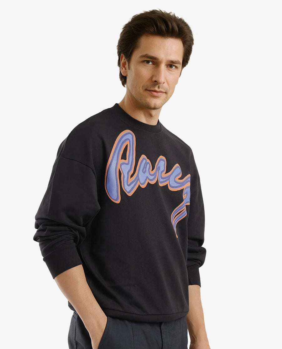 Rare Rabbit Men's Mabel Black Cotton Printed Oversized Fit Full Sleeve Crew Neck Sweatshirt