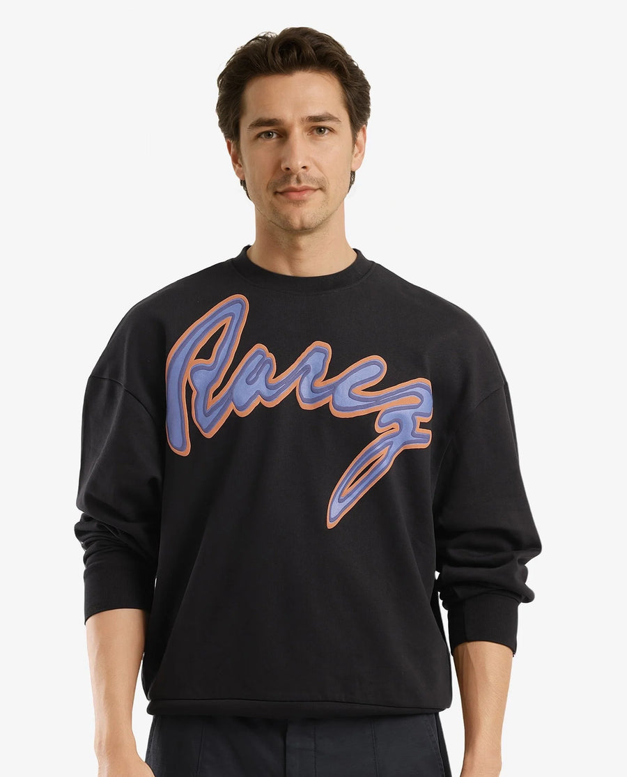 Rare Rabbit Men's Mabel Black Cotton Printed Oversized Fit Full Sleeve Crew Neck Sweatshirt