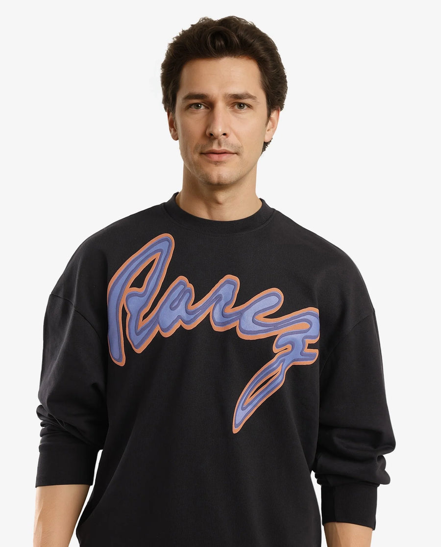 Rare Rabbit Men's Mabel Black Cotton Printed Oversized Fit Full Sleeve Crew Neck Sweatshirt