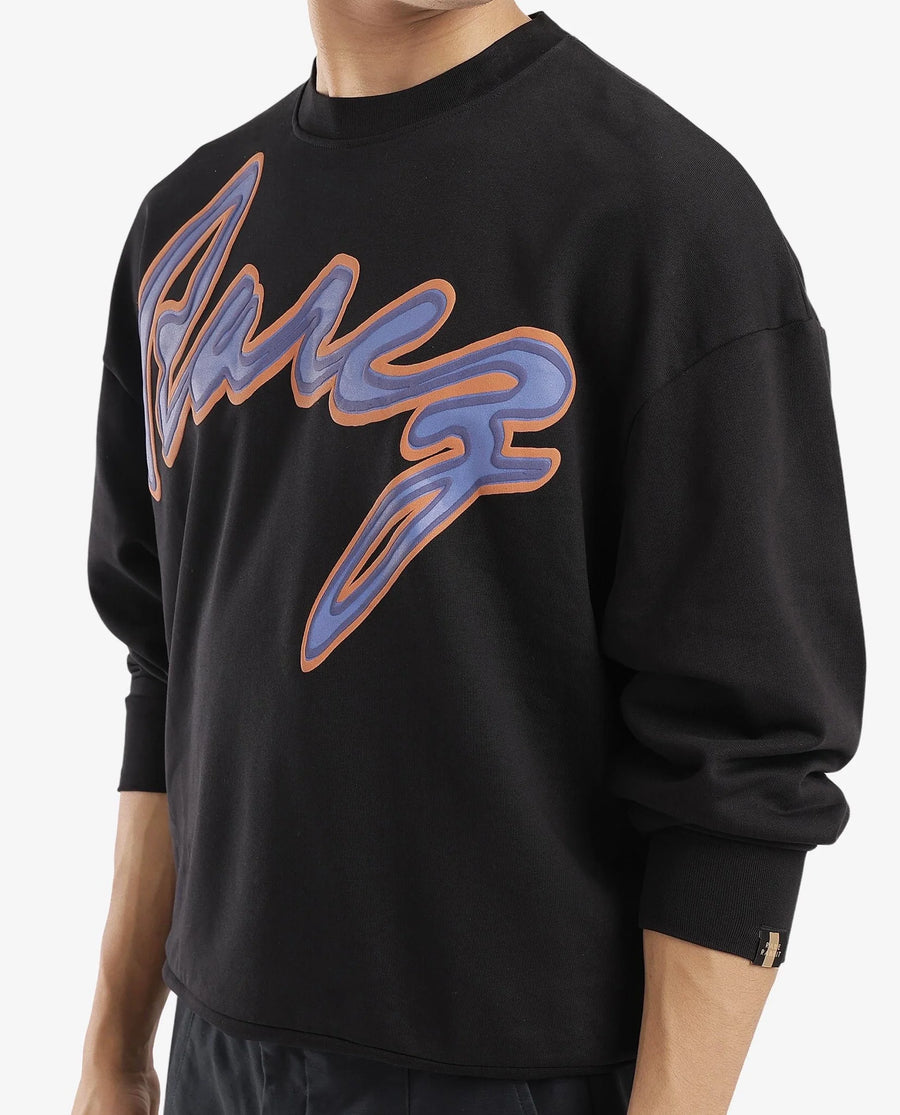 Rare Rabbit Men's Mabel Black Cotton Printed Oversized Fit Full Sleeve Crew Neck Sweatshirt