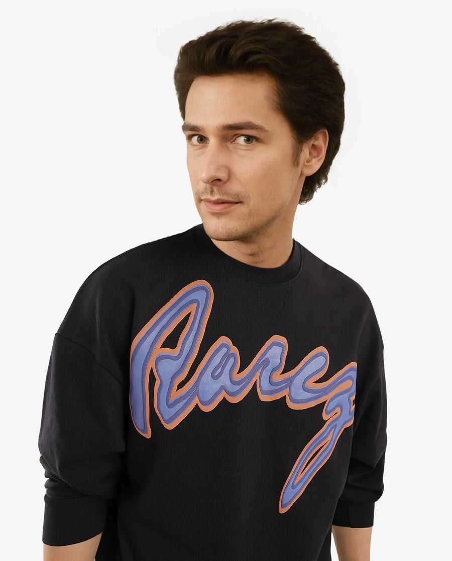 Rare Rabbit Men's Mabel Black Cotton Printed Oversized Fit Full Sleeve Crew Neck Sweatshirt