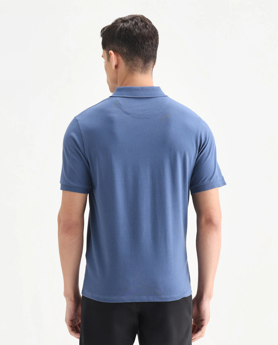 Rare Rabbit Men's Mabe Petrol Cotton Plain Regular Fit Half Sleeve Polo