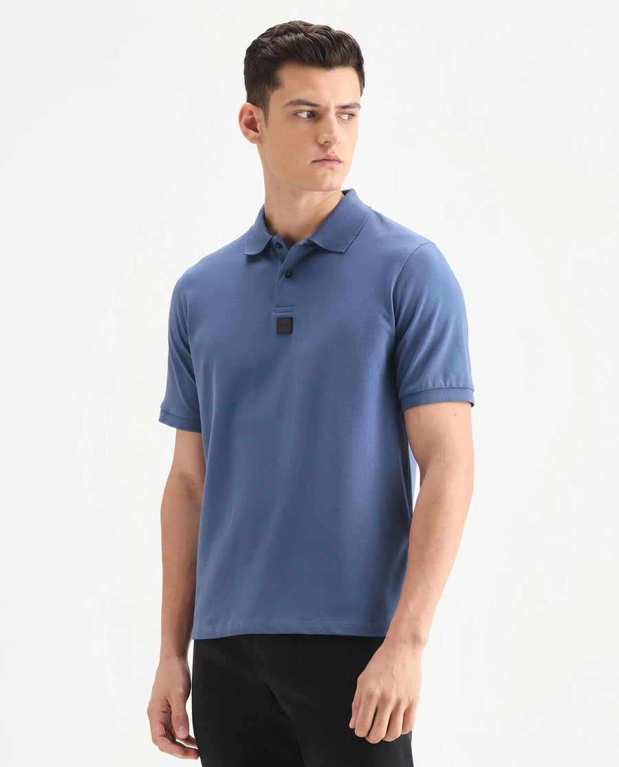 Rare Rabbit Men's Mabe Petrol Cotton Plain Regular Fit Half Sleeve Polo