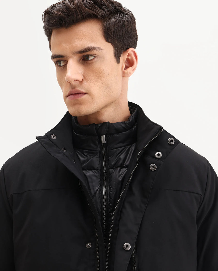 Rare Rabbit Men's Macaw-25 Black Polyester Plain Regular Fit Full Sleeve High Neck Jacket