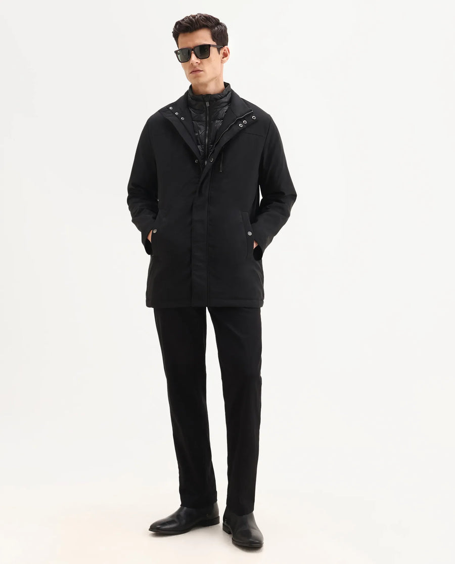 Rare Rabbit Men's Macaw-25 Black Polyester Plain Regular Fit Full Sleeve High Neck Jacket
