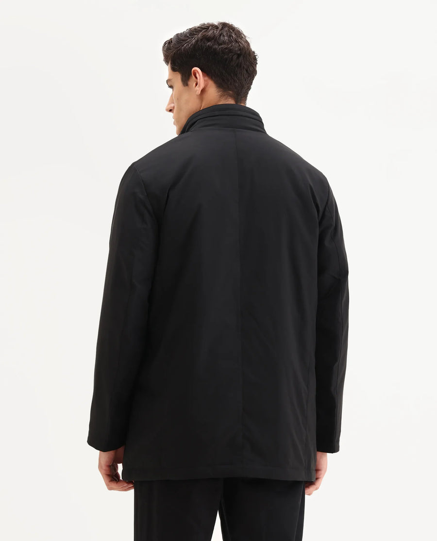 Rare Rabbit Men's Macaw-25 Black Polyester Plain Regular Fit Full Sleeve High Neck Jacket