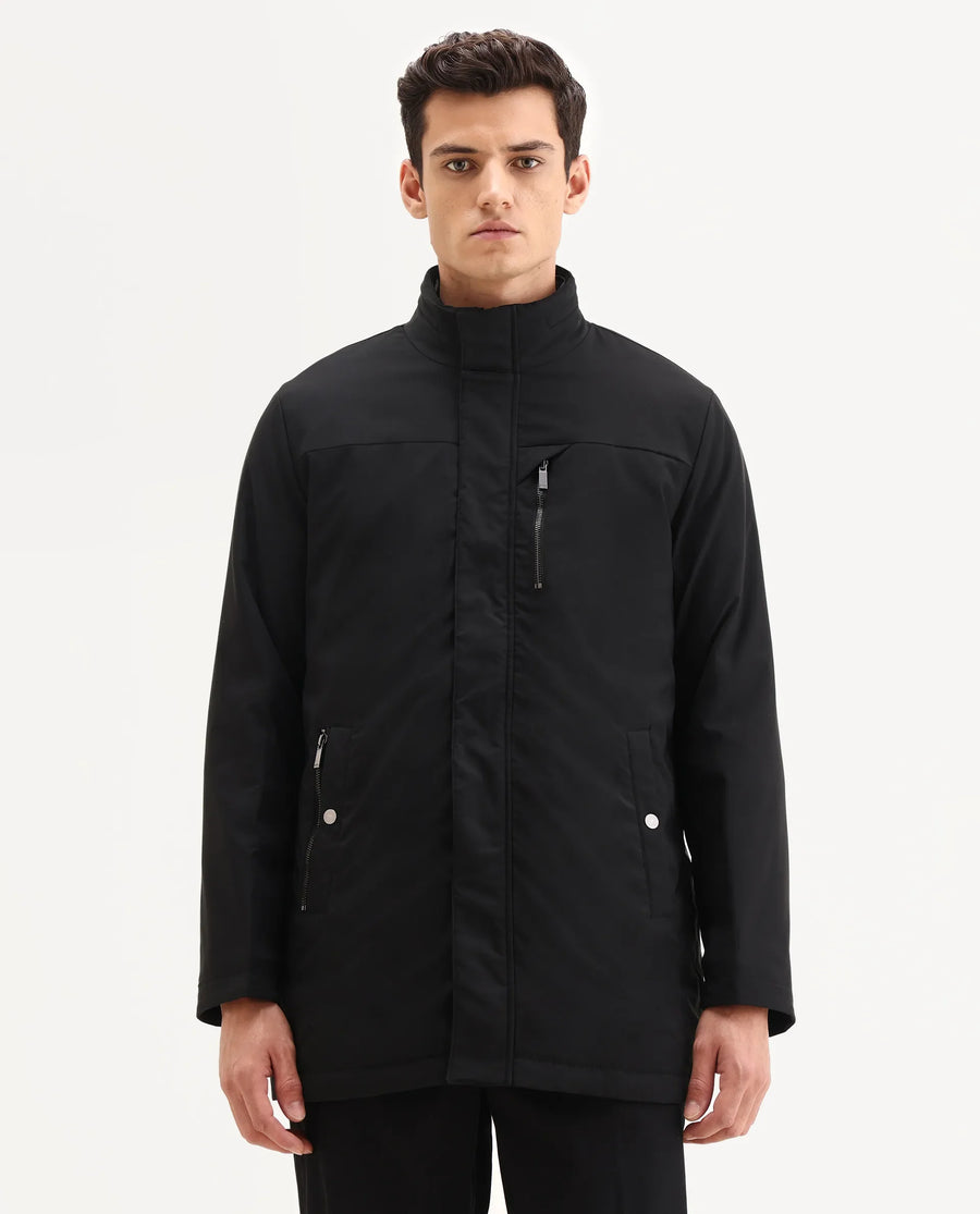 Rare Rabbit Men's Macaw-25 Black Polyester Plain Regular Fit Full Sleeve High Neck Jacket