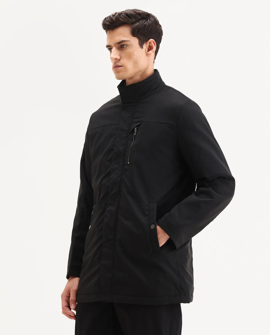 Rare Rabbit Men's Macaw-25 Black Polyester Plain Regular Fit Full Sleeve High Neck Jacket