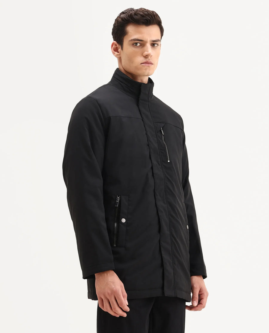 Rare Rabbit Men's Macaw-25 Black Polyester Plain Regular Fit Full Sleeve High Neck Jacket