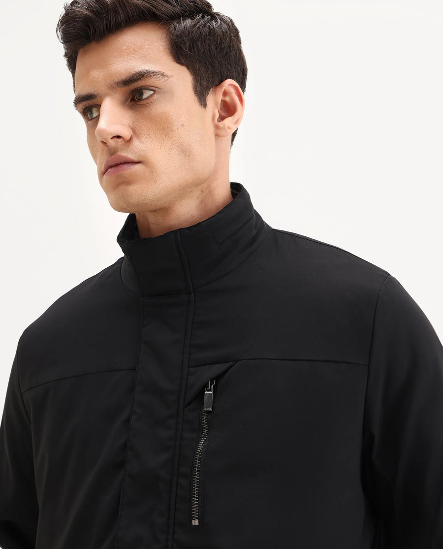 Rare Rabbit Men's Macaw-25 Black Polyester Plain Regular Fit Full Sleeve High Neck Jacket