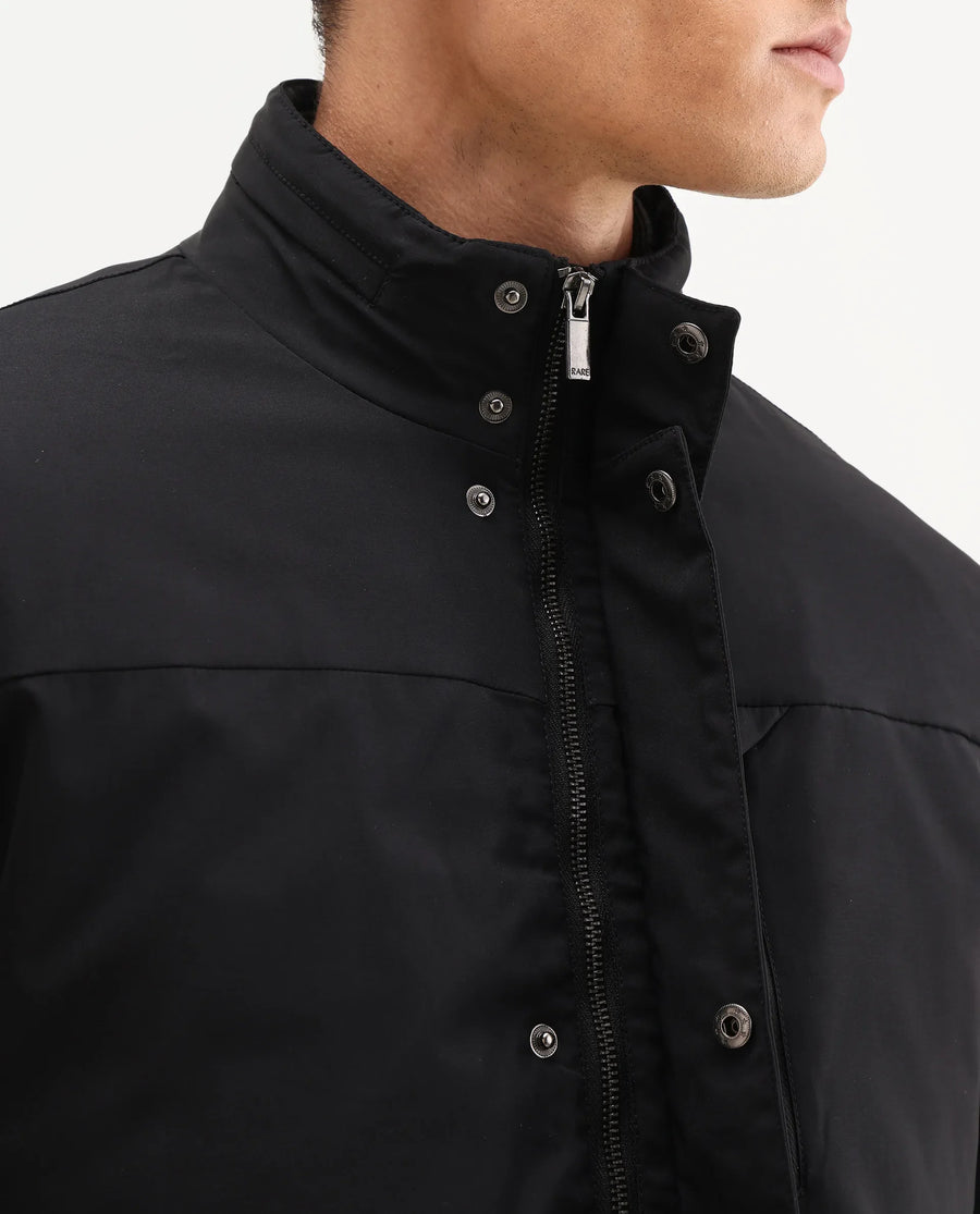 Rare Rabbit Men's Macaw-25 Black Polyester Plain Regular Fit Full Sleeve High Neck Jacket