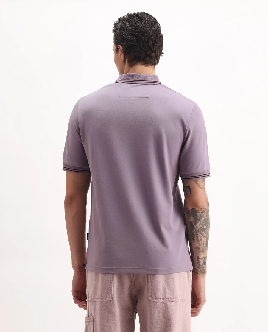 Rare Rabbit Men's Mace Dusky Purple Cotton Blend Plain Regular Fit Half Sleeve Polo