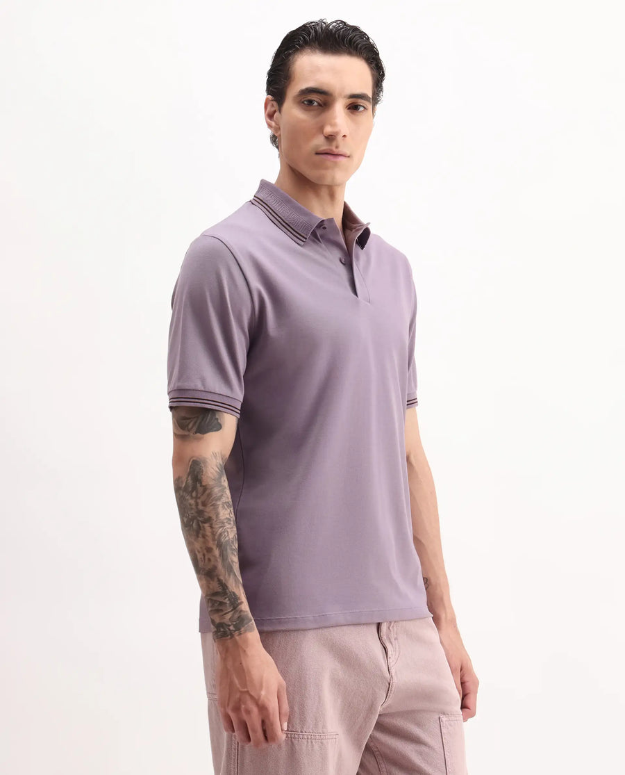 Rare Rabbit Men's Mace Dusky Purple Cotton Blend Plain Regular Fit Half Sleeve Polo