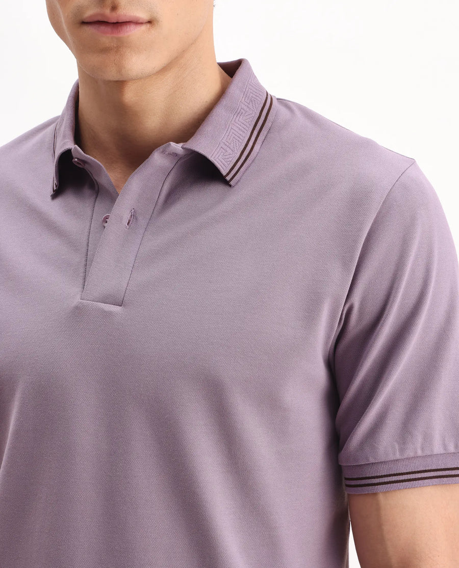 Rare Rabbit Men's Mace Dusky Purple Cotton Blend Plain Regular Fit Half Sleeve Polo