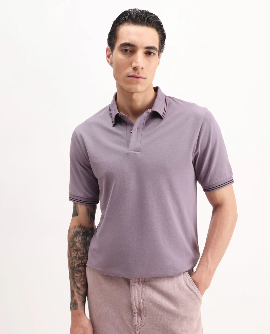 Rare Rabbit Men's Mace Dusky Purple Cotton Blend Plain Regular Fit Half Sleeve Polo