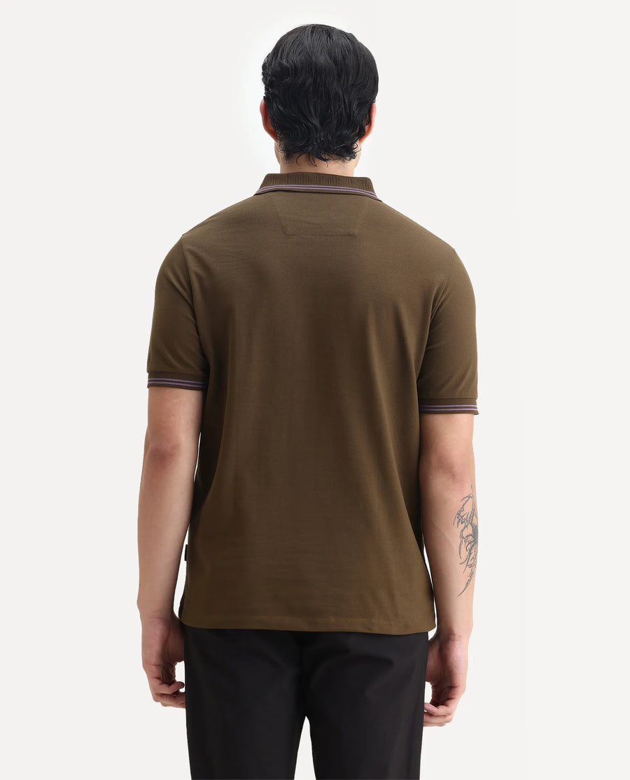 Rare Rabbit Men's Mace Olive Cotton Blend Plain Regular Fit Half Sleeve Polo