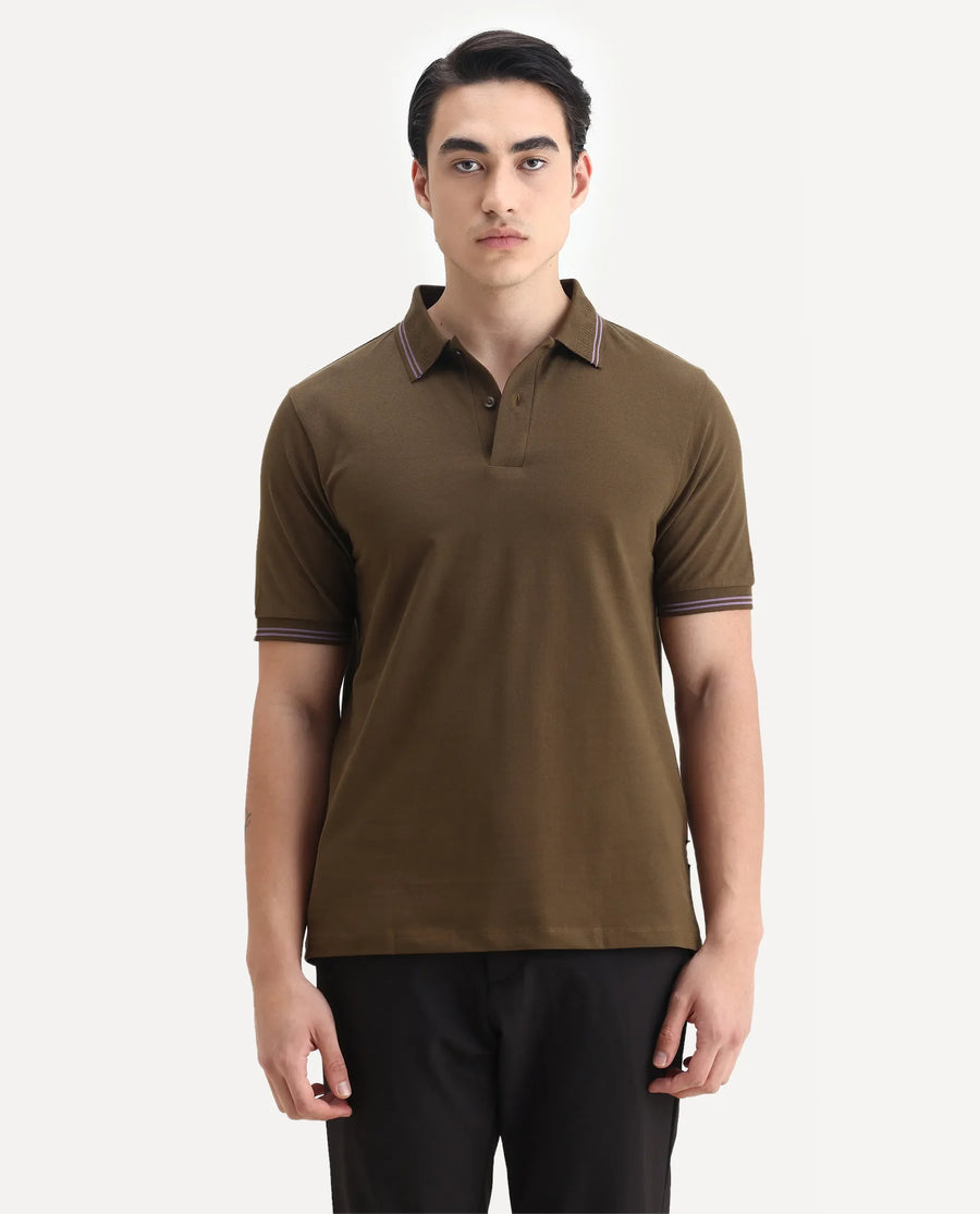 Rare Rabbit Men's Mace Olive Cotton Blend Plain Regular Fit Half Sleeve Polo