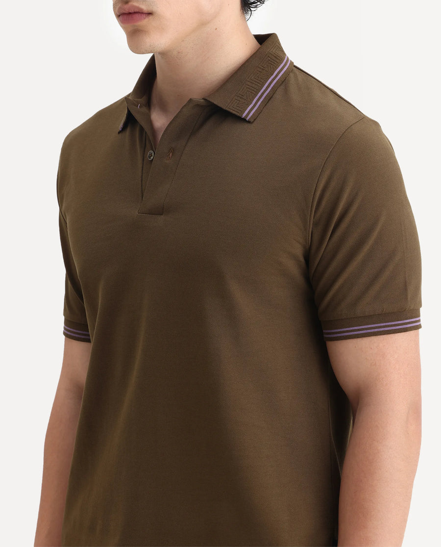 Rare Rabbit Men's Mace Olive Cotton Blend Plain Regular Fit Half Sleeve Polo